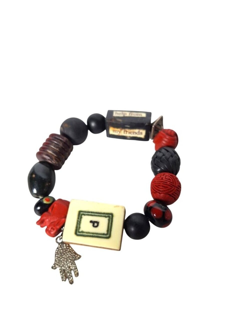 Vintage Beaded Charm Bracelet Hamsa Mahjong Tile Wooden Red Black OS